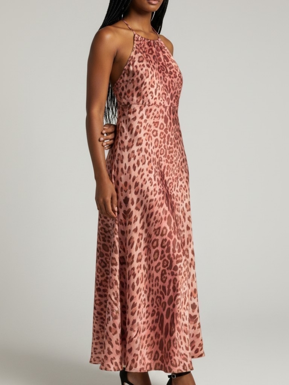 Women's Pink Leopard Print Halter Maxi Dress